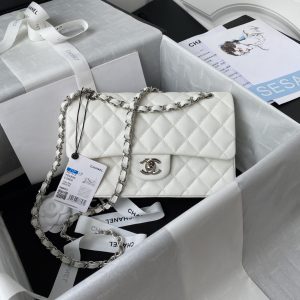 Alternative view of CHANEL SMALL CLASSIC HANDBAG Grained Calfskin & Silver-Tone Metal White 5.7 × 9 × 2.3 in
