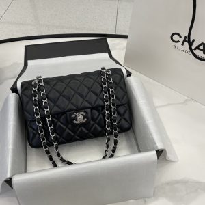 CHANEL SMALL CLASSIC HANDBAG Grained Shiny Calfskin & Silver-Tone Metal Black 5.7 × 9 × 2.3 in
