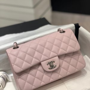 CHANEL CLASSIC HANDBAG Grained Calfskin & Silver-Tone Metal Pink 6 × 9.9 × 2.5 in