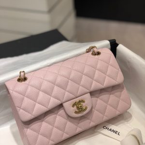 Alternative view of CHANEL CLASSIC HANDBAG GRAINED CALFSKIN & GOLD-TONE METAL LIGHT PINK 6 × 9.9 × 2.5 in