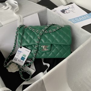 CHANEL SMALL CLASSIC HANDBAG Grained Calfskin & Silver-Tone Metal Green 5.7 × 9 × 2.3 in