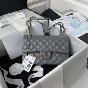 CHANEL SMALL CLASSIC HANDBAG Grained SHINY Calfskin & Silver-Tone Metal Gray 5.7 × 9 × 2.3 in