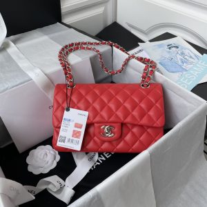 CHANEL SMALL CLASSIC HANDBAG  LAMBSKIN & SILVER-TONE METAL Red 5.7 × 9 × 2.3 IN