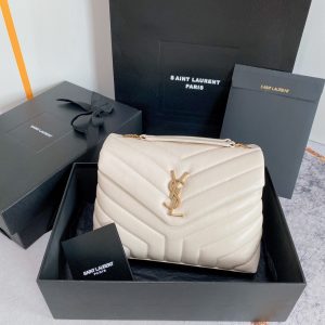 YSL LOULOU SMALL IN QUILTED LEATHER WHITE GOLD 9 X 6.1 X 3.3 INCHES