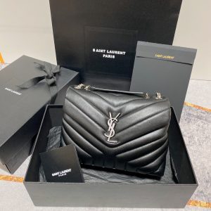 YSL LOULOU SMALL IN QUILTED LEATHER BLACK SILVER 9 X 6.1 X 3.3 INCHES