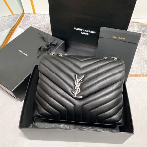 YSL LOULOU MEDIUM IN QUILTED LEATHER BLACK Silver 12.5 X 8.6 X 3.5 INCHES
