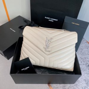 YSL LOULOU MEDIUM IN QUILTED LEATHER BLANC VINTAGE SILVER 12.5 X 8.6 X 3.5 INCHES