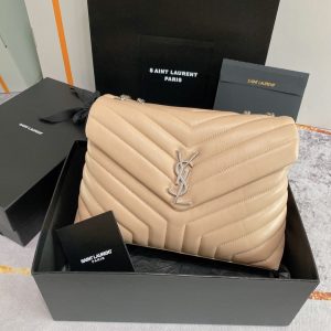 YSL LOULOU MEDIUM IN QUILTED LEATHER DARK BEIGE 12.5 X 8.6 X 3.5 INCHES