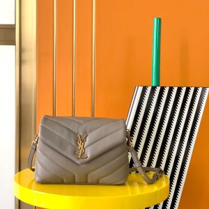 YSL TOY LOULOU IN QUILTED LEATHER GREYISH BROWN 7.9 X 5.5 X 3 INCHES