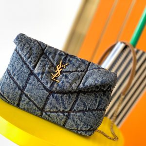 YSL PUFFER IN SUEDE AND DENIM RODEO BLUE 23 X 15.5 X 5.8 CM