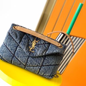 YSL PUFFER SMALL IN SUEDE AND DENIM RODEO BLUE 11.4 X 6.6 X 4.3 INCHES