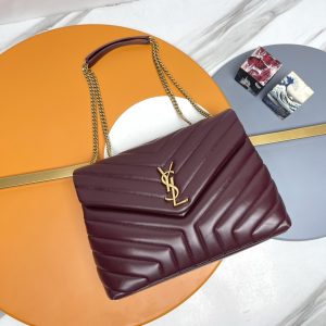 YSL LOULOU MEDIUM IN QUILTED LEATHER DARK RED 12.5 X 8.6 X 3.5 INCHES