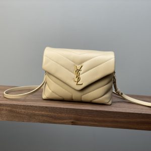 YSL TOY LOULOU IN QUILTED LEATHER DARK BEIGE 7.9 X 5.5 X 3 INCHES