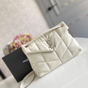 YSL PUFFER MEDIUM IN NAPPA LEATHER WHITE SILVER 13.7 X 9 X 5.3 INCHES