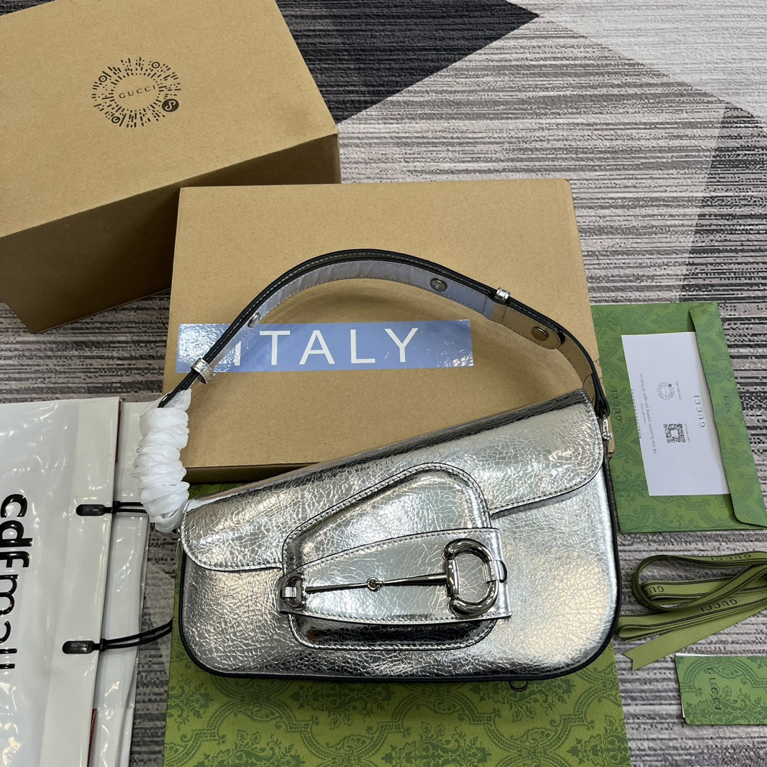 GUCCI HORSEBIT 1955 SMALL SHOULDER BAG Metallic silver 10.4"W x 6.7-4.1"H x 3.1-1.6"D