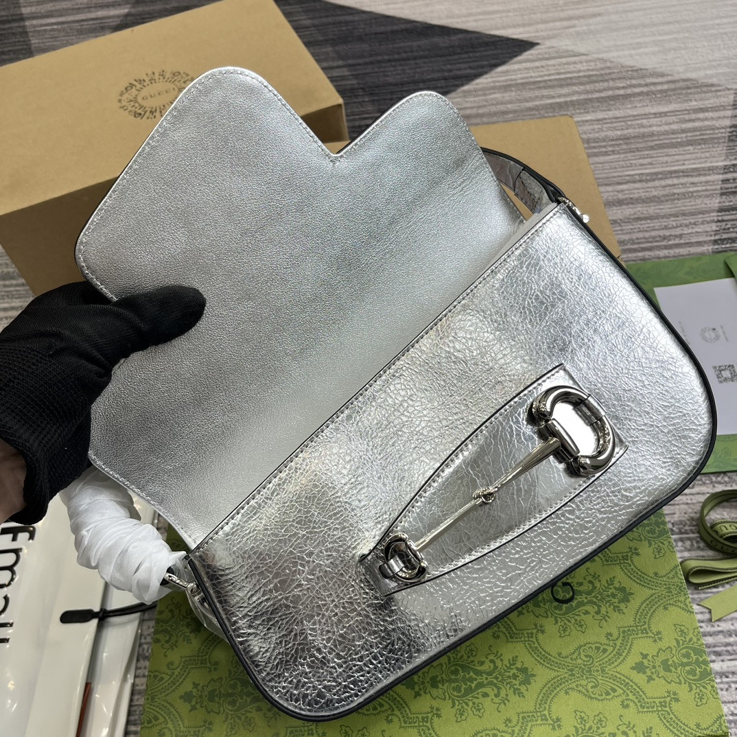 GUCCI HORSEBIT 1955 SMALL SHOULDER BAG Metallic silver 10.4"W x 6.7-4.1"H x 3.1-1.6"D - Image 8