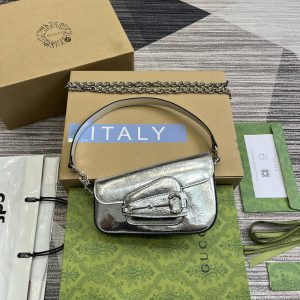 GUCCI HORSEBIT 1955 MINI SHOULDER BAG SILVER 7.7"W x 5-3.1"H x 2.4-1.2"D
