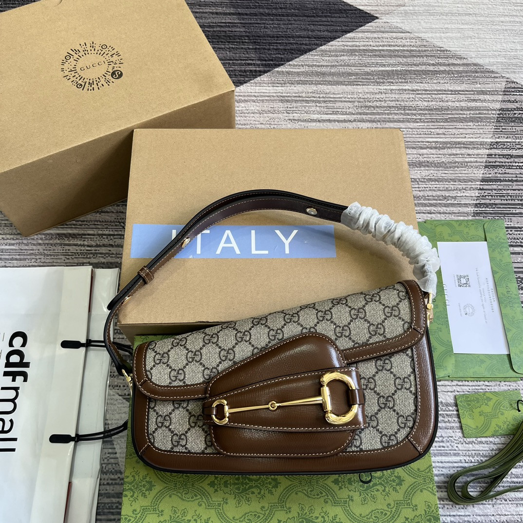 GUCCI HORSEBIT 1955 SMALL SHOULDER BAG Beige Brown 10.4"W x 6.7-4.1"H x 3.1-1.6"D