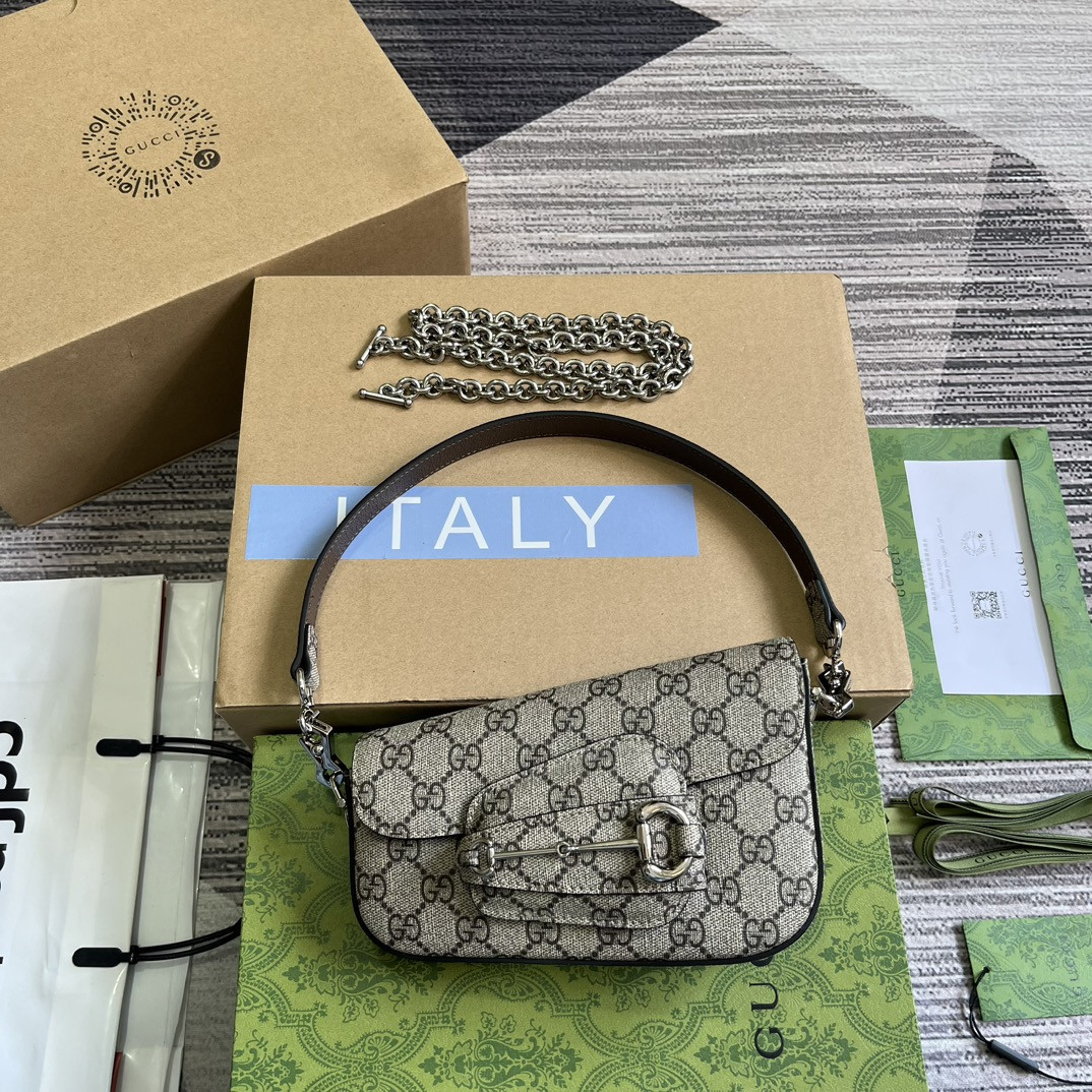 GUCCI HORSEBIT 1955 MINI SHOULDER BAG Beige and ebony 7.7"W x 5-3.1"H x 2.4-1.2"D