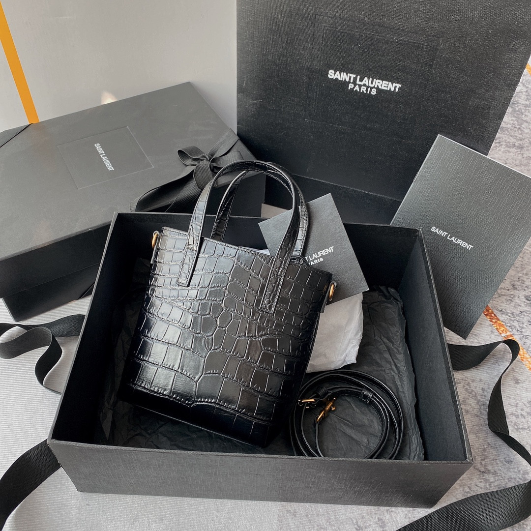 YSL SAINT LAURENT PARIS MINI TOY SHOPPING IN CROCODILE-EMBOSSED LEATHER BLACK 7.1 X 6.7 X 3.1 INCHES - Image 3