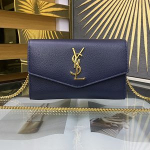YSL UPTOWN CHAIN WALLET IN GRAIN DE POUDRE EMBOSSED LEATHER 7.5 X 4.7 X 1.2 INCHES