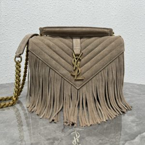 YSL COLLEGE MEDIUM IN QUILTED SUEDE GRAY 9.4 X 6.6 X 2.5 INCHES