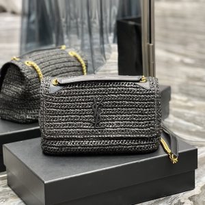 YSL NIKI MEDIUM CHAIN BAG IN RAFFIA AND LEATHER BLACK 11 X 7.8 X 3.3 INCHES