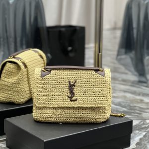 YSL NIKI MEDIUM CHAIN BAG IN RAFFIA AND LEATHER BEIGE 11 X 7.8 X 3.3 INCHES