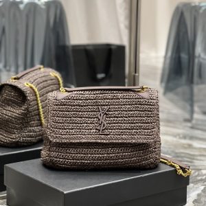 YSL NIKI MEDIUM CHAIN BAG IN RAFFIA AND LEATHER COFFEE 11 X 7.8 X 3.3 INCHES