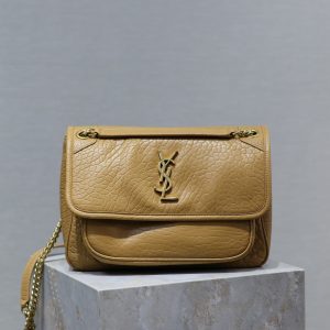 YSL NIKI MEDIUM IN VINTAGE LEATHER DARK CORK 11 X 7.8 X 3.3 INCHES