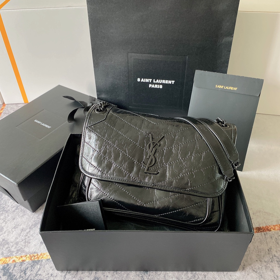 YSL NIKI MEDIUM IN VINTAGE LEATHER ALL BLACK 11 X 7.8 X 3.3 INCHES - Image 2