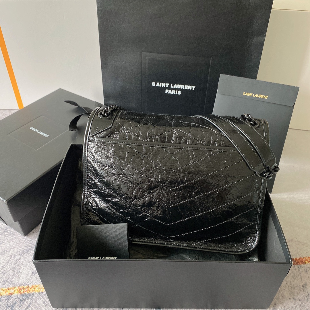 YSL NIKI MEDIUM IN VINTAGE LEATHER ALL BLACK 11 X 7.8 X 3.3 INCHES - Image 3