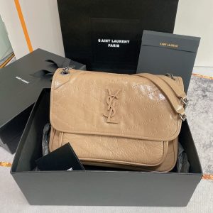 YSL NIKI MEDIUM IN VINTAGE LEATHER DARK BEIGE 11 X 7.8 X 3.3 INCHES
