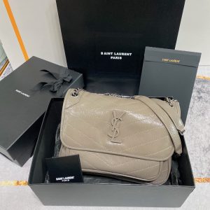 YSL NIKI MEDIUM IN VINTAGE LEATHER LIGHT GRAY 11 X 7.8 X 3.3 INCHES