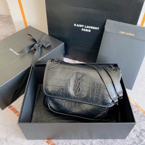 YSL NIKI BABY IN VINTAGE LEATHER BLACK SILVER 8.2 X 6 X 2.9 INCHES