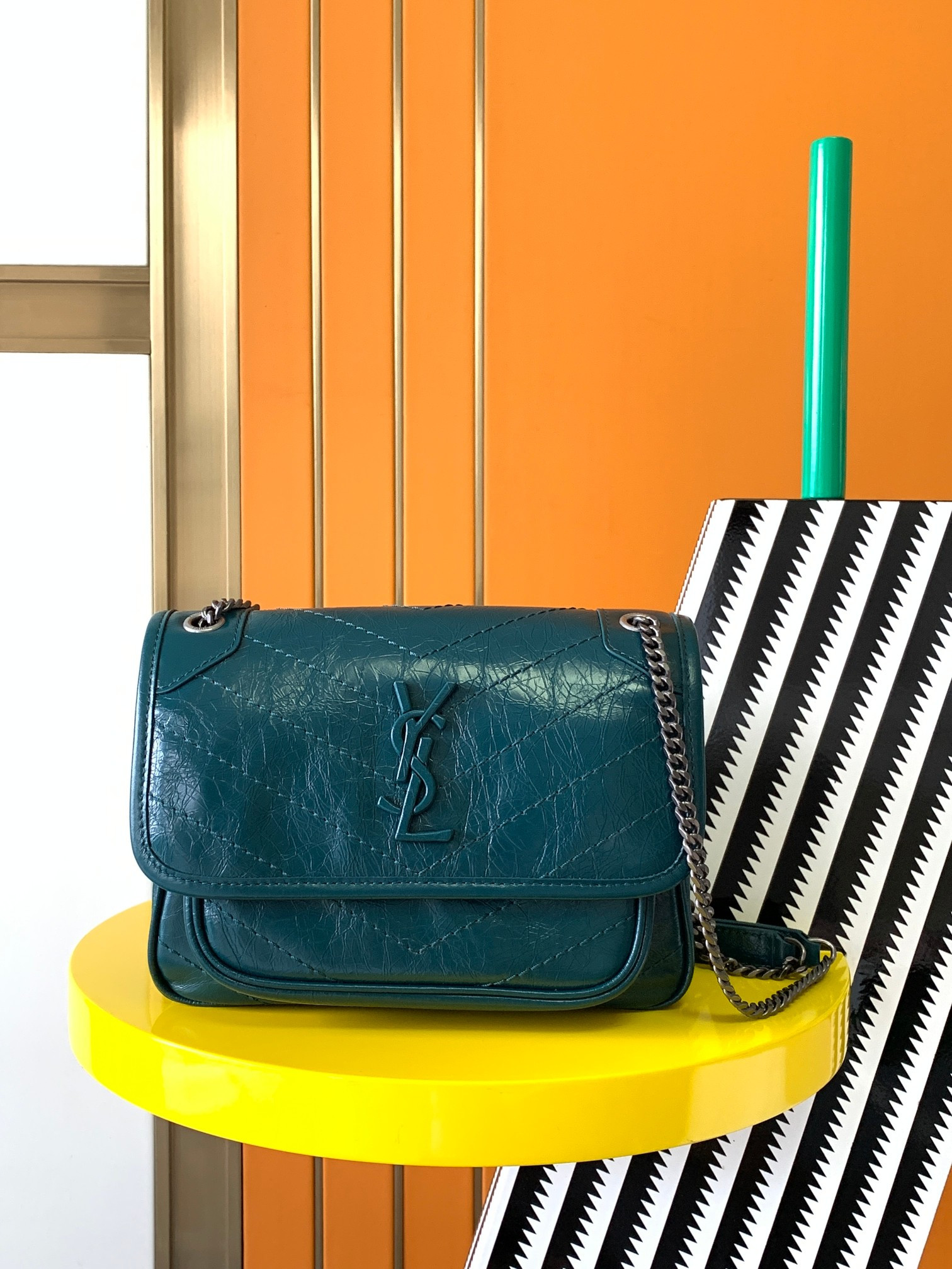 YSL NIKI BABY IN VINTAGE LEATHER BLUE 8.2 X 6 X 2.9 INCHES - Image 2