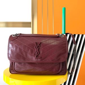 YSL NIKI MEDIUM IN VINTAGE LEATHER RED 11 X 7.8 X 3.3 INCHES