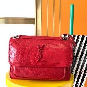 YSL NIKI MEDIUM IN VINTAGE LEATHER SHINY RED 11 X 7.8 X 3.3 INCHES