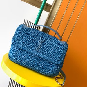 YSL NIKI MEDIUM CHAIN BAG IN RAFFIA AND LEATHER BLUE 11 X 7.8 X 3.3 INCHES
