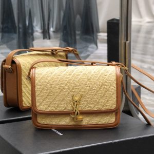 YSL SOLFERINO MEDIUM SATCHEL IN RAFFIA AND VEGETABLE-TANNED LEATHER NATURAL SAND AND BRICK 9.8 X 6.7 X 2 INCHES