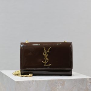 YSL KATE SMALL IN SHINY LEATHER COFFEE 7.8 X 4.9 X 1.9 INCHES