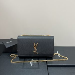 YSL KATE MEDIUM IN GRAIN DE POUDRE EMBOSSED LEATHER BLACK GOLD 9.4 X 5.7 X 2.1 INCHES