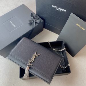 YSL KATE MEDIUM IN GRAIN DE POUDRE EMBOSSED LEATHER BLACK SILVER 9.4 X 5.7 X 2.1 INCHES