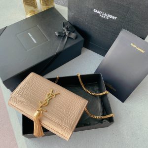 YSL KATE MEDIUM TASSEL IN CROCODILE-EMBOSSED LEATHER PINK 9.4 X 5.7 X 2.1 INCHES
