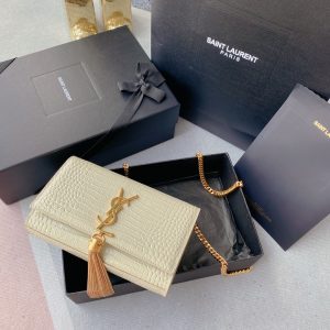YSL KATE MEDIUM TASSEL IN CROCODILE-EMBOSSED LEATHER WHITE 9.4 X 5.7 X 2.1 INCHES