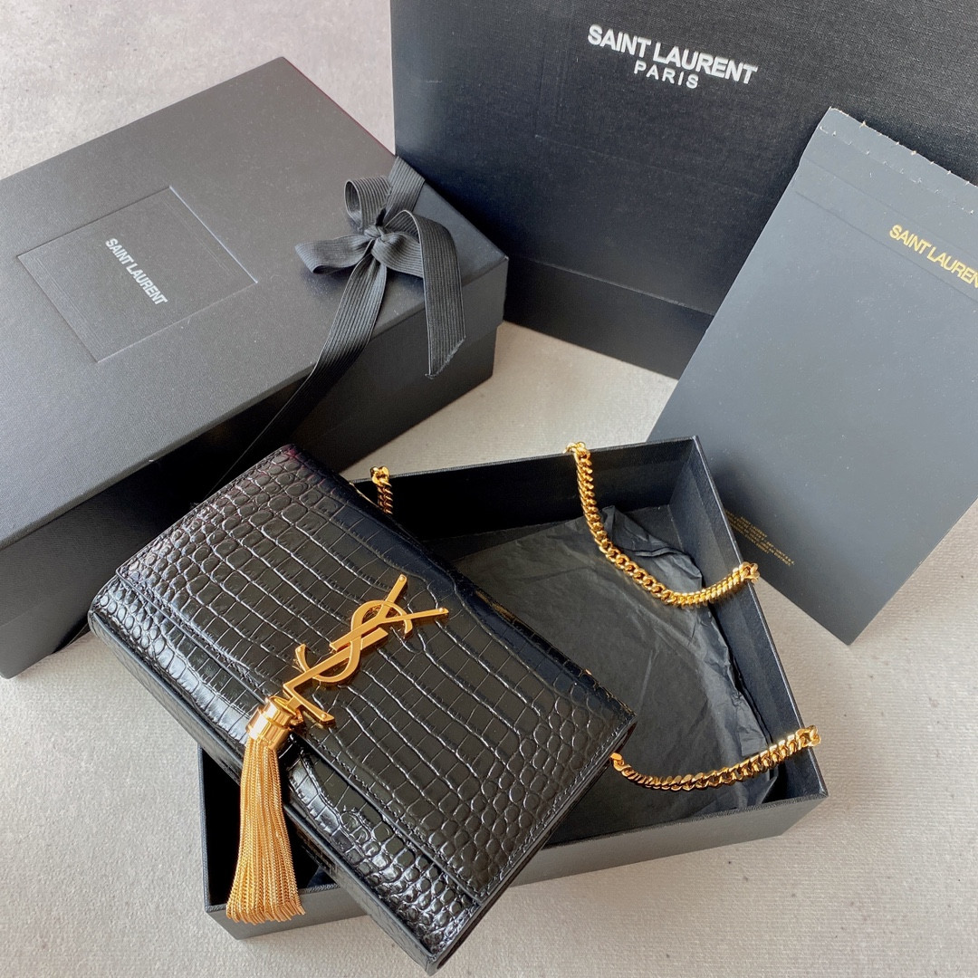 YSL KATE SMALL IN GRAIN DE POUDRE EMBOSSED LEATHER BLACK 7.8 X 4.9 X 1.9 INCHES