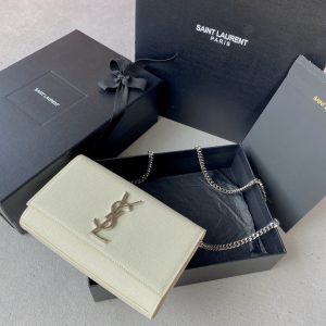 YSL KATE SMALL IN GRAIN DE POUDRE EMBOSSED LEATHER WHITE SILVER 7.8 X 4.9 X 1.9 INCHES