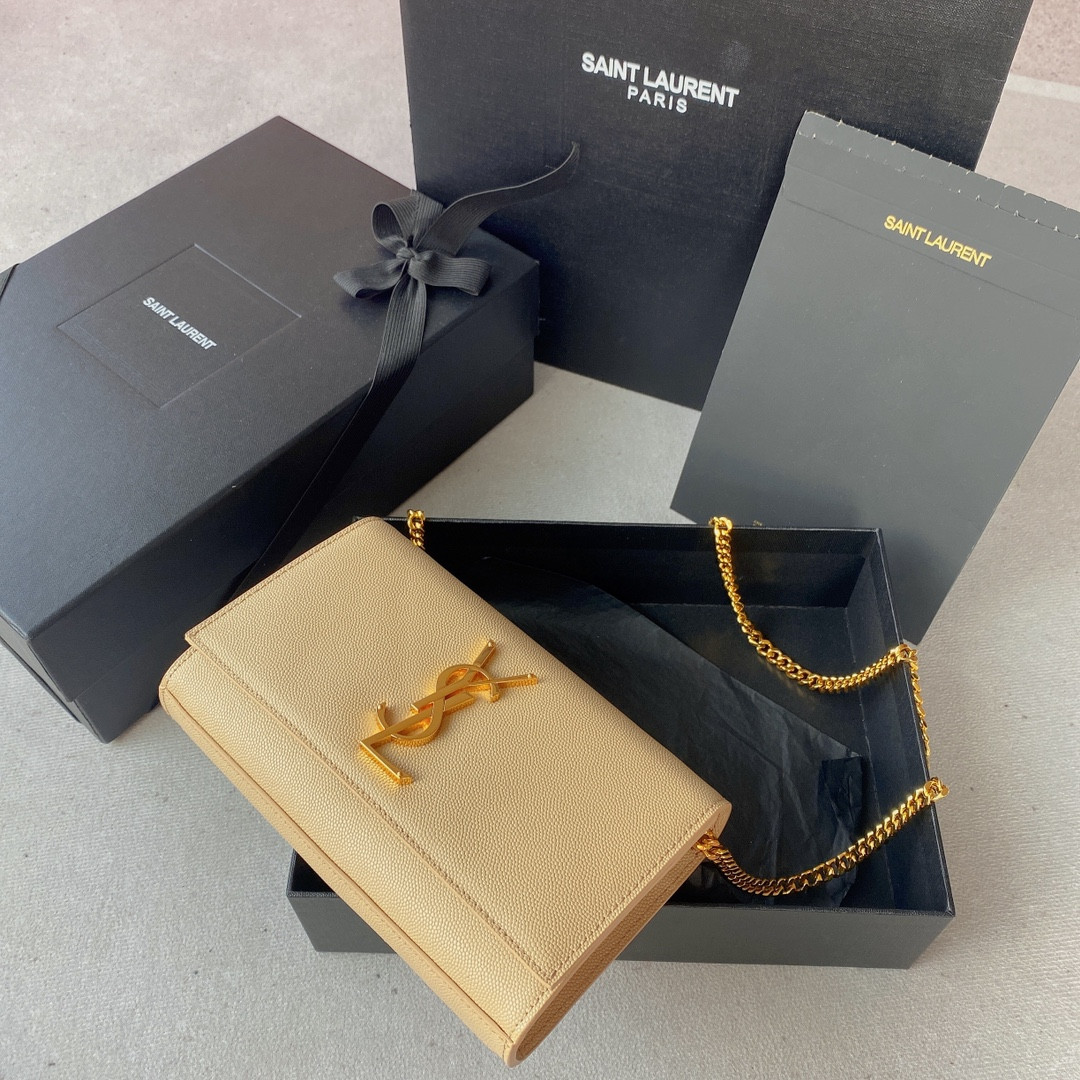 YSL KATE SMALL IN GRAIN DE POUDRE EMBOSSED LEATHER LIGHT YELLOW GOLD 7.8 X 4.9 X 1.9 INCHES - Image 2