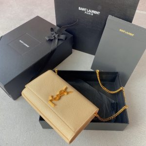 YSL KATE SMALL IN GRAIN DE POUDRE EMBOSSED LEATHER LIGHT YELLOW GOLD 7.8 X 4.9 X 1.9 INCHES