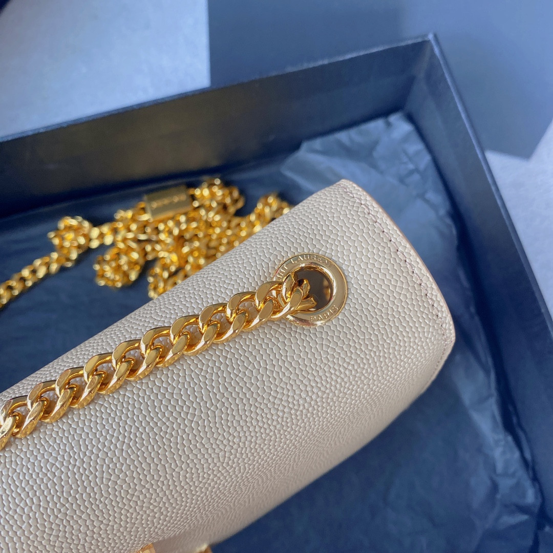 YSL KATE SMALL IN GRAIN DE POUDRE EMBOSSED LEATHER LIGHT YELLOW GOLD 7.8 X 4.9 X 1.9 INCHES - Image 7